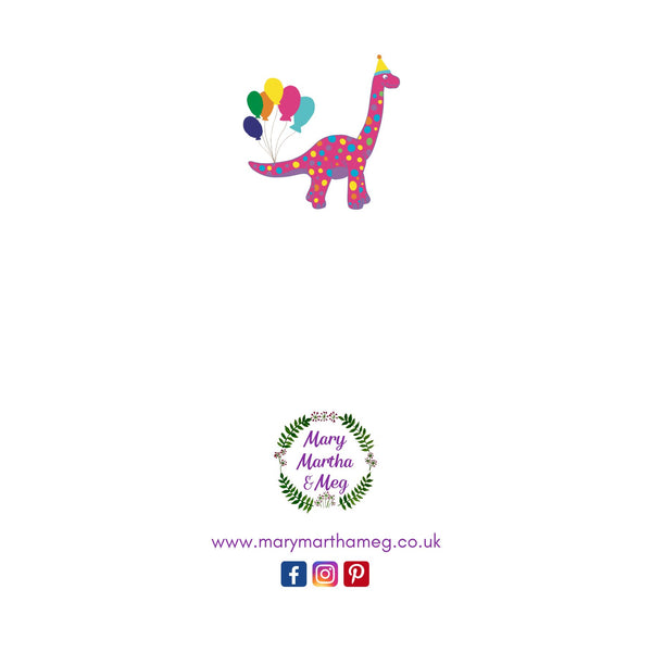 The reverse of a Mary Martha & Meg birthday dinosaur card. A small image of the pink dinosaur on the front cover can be seen here on the revers of the card. The card also features the Mary Martha & Meg logo of green leaves with tiny delicate purple flowerheads. Underneath this is the website www.marymarthameg.co.uk There are also social media logos showing where you can view Meg’s cards and gifts.