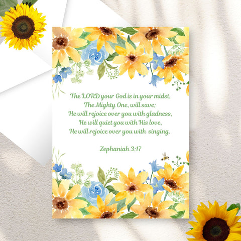 Sunflower Joy: Mighty One Greeting Card | Zephaniah 3:17