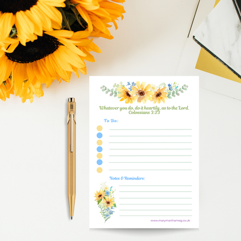 Sunflower Joy To Do & Reminder Notepad | Colossians 3:23
