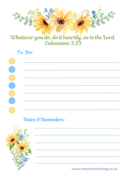 Sunflower Joy To Do & Reminder Notepad | Colossians 3:23