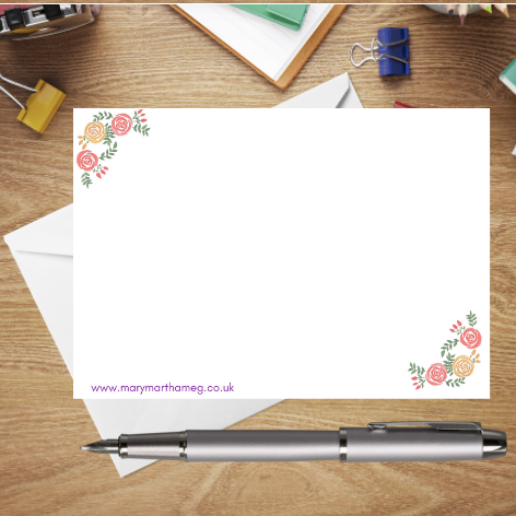 This photograph shows the reverse of the beautiful Mary, Martha & Meg ‘Pob Bendith’ Welsh postcard. The top left and bottom right corners show a light rose motif which matches the lovely deign on the front of the postcard. Apart from a small reference to the Mary, Martha & Meg website, the rest of the postcard is left blank for you to write your message on.