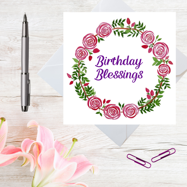Birthday Blessings Rose Wreath Greeting Card