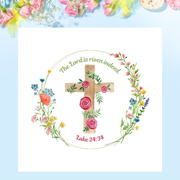 This design of this Mary, Martha & Meg Easter card features a delicate floral wreath. In the centre of this pretty wreath is a cross intertwined with roses and green leaves. The green text above the cross reads, ‘The Lord is risen indeed.’ Underneath the cross is the Bible reference, Luke 24:34. This square, white Easter card is photographed on a sky-blue background with pink and yellow flowers above it. A beautiful card to share the joy of Easter with others.