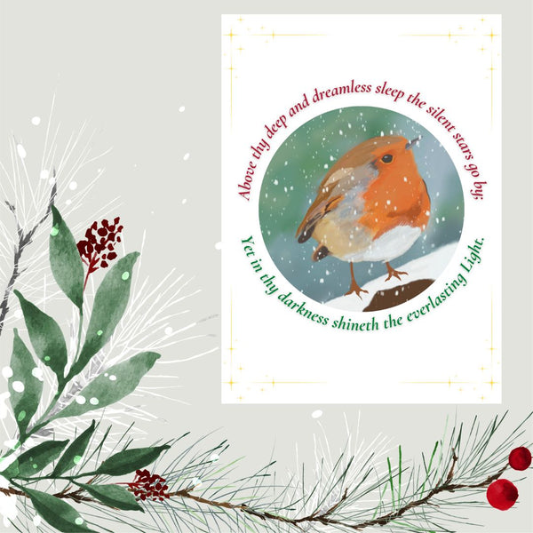A Mary, Martha & Meg Christmas Greetings card featuring a snowy scene of a winter robin, framed with lyrics from the traditional Christmas carol, "O Little Town of Bethlehem." The text reads, "Above thy deep and dreamless sleep the silent stars go by; Yet in thy darkness shineth the everlasting light." The white card is framed with a pale yellow border of lines and stars. The card is photographed on a background of seasonal leaves and red berries.