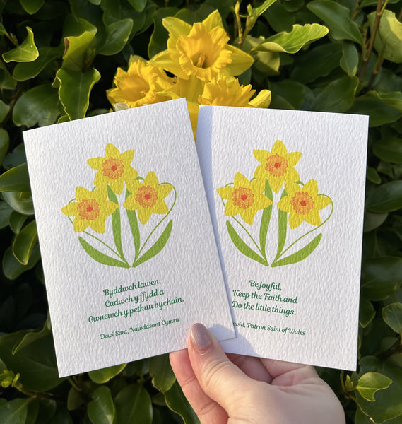 Two beautifully textured daffodil cards held in a hand in front of daffodils. Both cards feature the last words of St. David, one in English, one in Welsh. The Welsh reads, ‘Byddwch lawen, Cadwch y ffydd a Gwnewch y pethau bychain.’ The English reads, ‘Be Joyful, Keep the faith and Do the little things.’ Celebrate St. David with these bright Mary, Martha & Meg cards. A lovely reminder all year round to serve and rejoice in the little things.