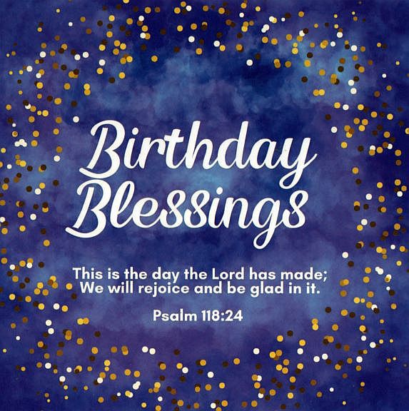 Midnight blue birthday blessing greeting card. Cream and white dots surround the white text. Text says, Birthday Blessings. This is the day that the Lord has made. We will rejoice and be glad in it. psalm 118:24