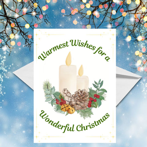 A white Christmas Greeting card featuring two lit candles resting on a Christmas wreath of holly berries, pine cones, Christmas bells and foliage. The Christmas scene is framed by the greeting, ‘Warmest Wishes for a Wonderful Christmas.’ A white envelope rests behind the car. This Mary, Martha & Meg Christmas card is photographed on a blue Christmassy background with twigs decorated with small, pastel-coloured lights.