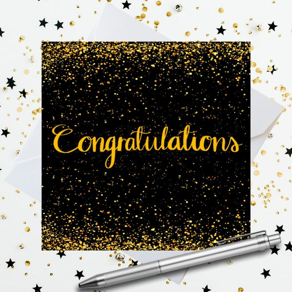 Black and Gold classic greeting card with the word congratulations written in calligraphy .