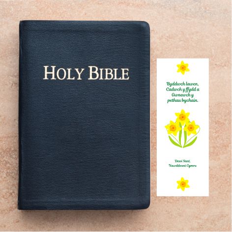 A white bookmark with the words ‘Byddwch lawen, Cadwch y ffydd a Gwnewch y pethau bychain.’ Above the green text is a single golden daffodil. Beneath the text are three beautiful daffodils. The words, Dewi Sant, Nawddsant Cymru are included, with another daffodil underneath this. This Welsh Mary, Martha & Meg bookmark is pictured next to a Black Holy Bible.