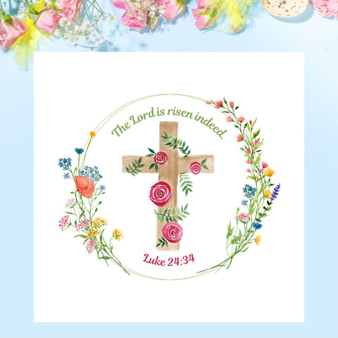  This design of this Mary, Martha & Meg Easter card features a delicate floral wreath. In the centre of this pretty wreath is a cross intertwined with roses and green leaves. The green text above the cross reads, ‘The Lord is risen indeed.’ Underneath the cross is the Bible reference, Luke 24:34. This square, white Easter card is photographed on a sky-blue background with pink and yellow flowers above it. A beautiful card to share the joy of Easter with others.
