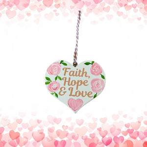 'Faith, Hope & Love' White wooden heart decoration