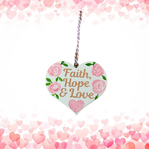 'Faith, Hope & Love' White wooden heart decoration