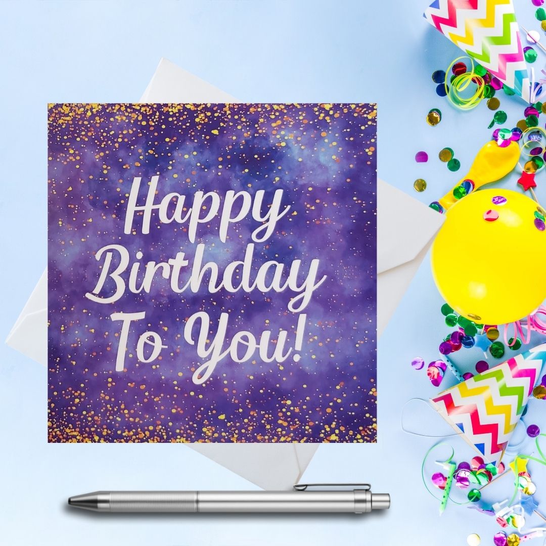 Blue Happy Birthday Card with yellow splatter effect on a white envelope with silver pen. - White text says "Happy Birthday To You!" Right side of picture has birthday balloons, party hat, and confetti.