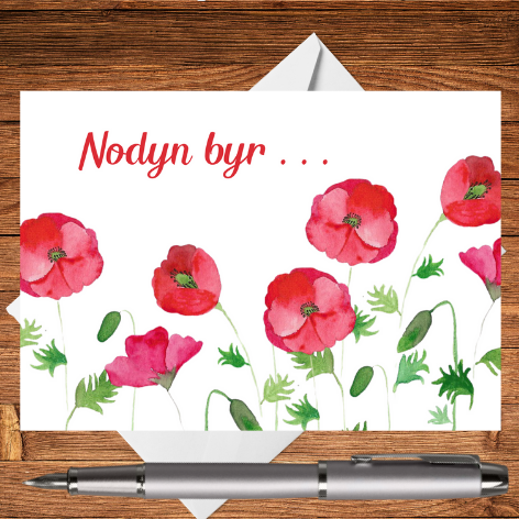 A classic Mary, Martha & Meg greetings card, but in Welsh! The digital text, Nodyn Byr means ‘little note’ in Welsh. The postcard features beautiful poppies which have been hand-painted using watercolours. The edge of a white envelope can be seen behind the postcard. The postcard is placed on a wooden writing surface with a silver pen beneath it and stationary items above it. A wonderful Welsh greetings card to help you stay in touch with your friends.
