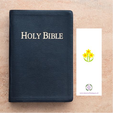 A picture showing the reverse side of a beautiful St. Davis / Dewi Sant bookmark. Three bright daffodils are at its centre. The Mary, Martha & Meg green wreath logo is included as well as a small reference to the website: MaryMarthaMeg.co.uk The bookmark is pictured next to a Black Holy Bible.