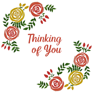 Thinking of You greeting card. Watercolour red and yellow rose design.